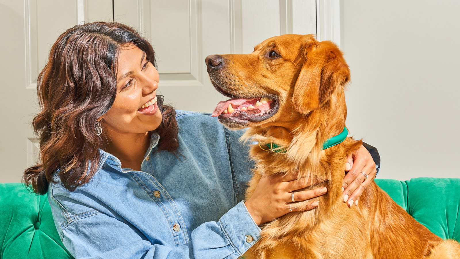 dog and owner smiling while looking at each other